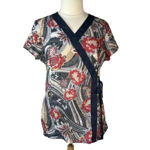Barco Scrubs Top Shirt Womens Large Blue Red Floral Side Tie Textured Medical